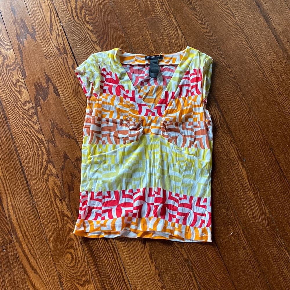 Kenneth Cole Colorblock Geometric Print V Neck Top Short Sleeve Casual SIZE M